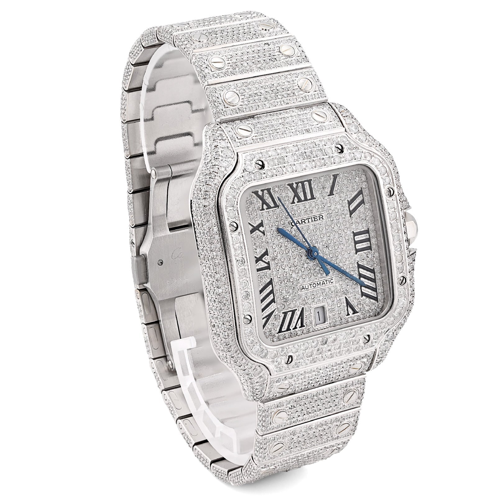 Cartier Santos 40MM 12CT Natural Diamond All White Bussdown Watch - Elite Jewelers - Luxury Watch