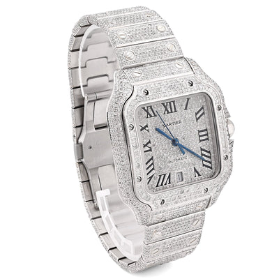 Cartier Santos 40MM 12CT Natural Diamond All White Bussdown Watch - Elite Jewelers - Luxury Watch