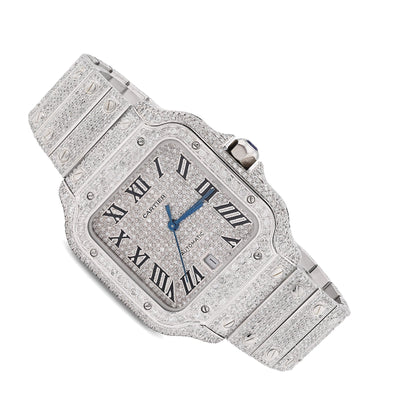 Cartier Santos 40MM 12CT Natural Diamond All White Bussdown Watch - Elite Jewelers - Luxury Watch