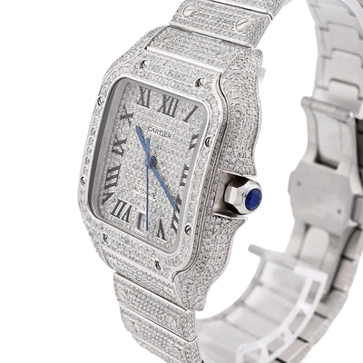 Cartier Santos 40MM 12CT Natural Diamond All White Bussdown Watch - Elite Jewelers - Luxury Watch
