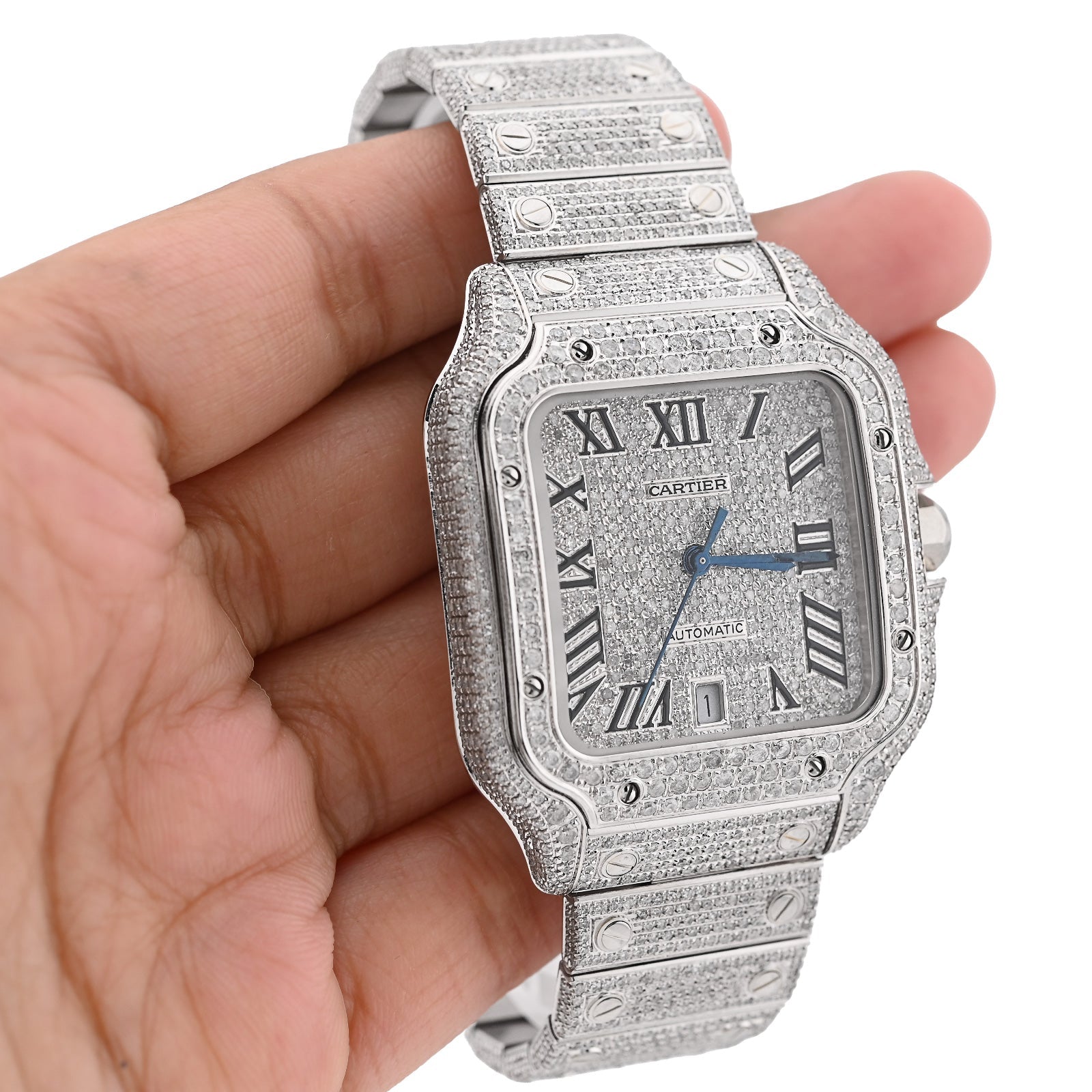 Cartier Santos 40MM 12CT Natural Diamond All White Bussdown Watch - Elite Jewelers - Luxury Watch