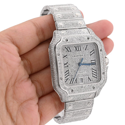 Cartier Santos 40MM 12CT Natural Diamond All White Bussdown Watch - Elite Jewelers - Luxury Watch