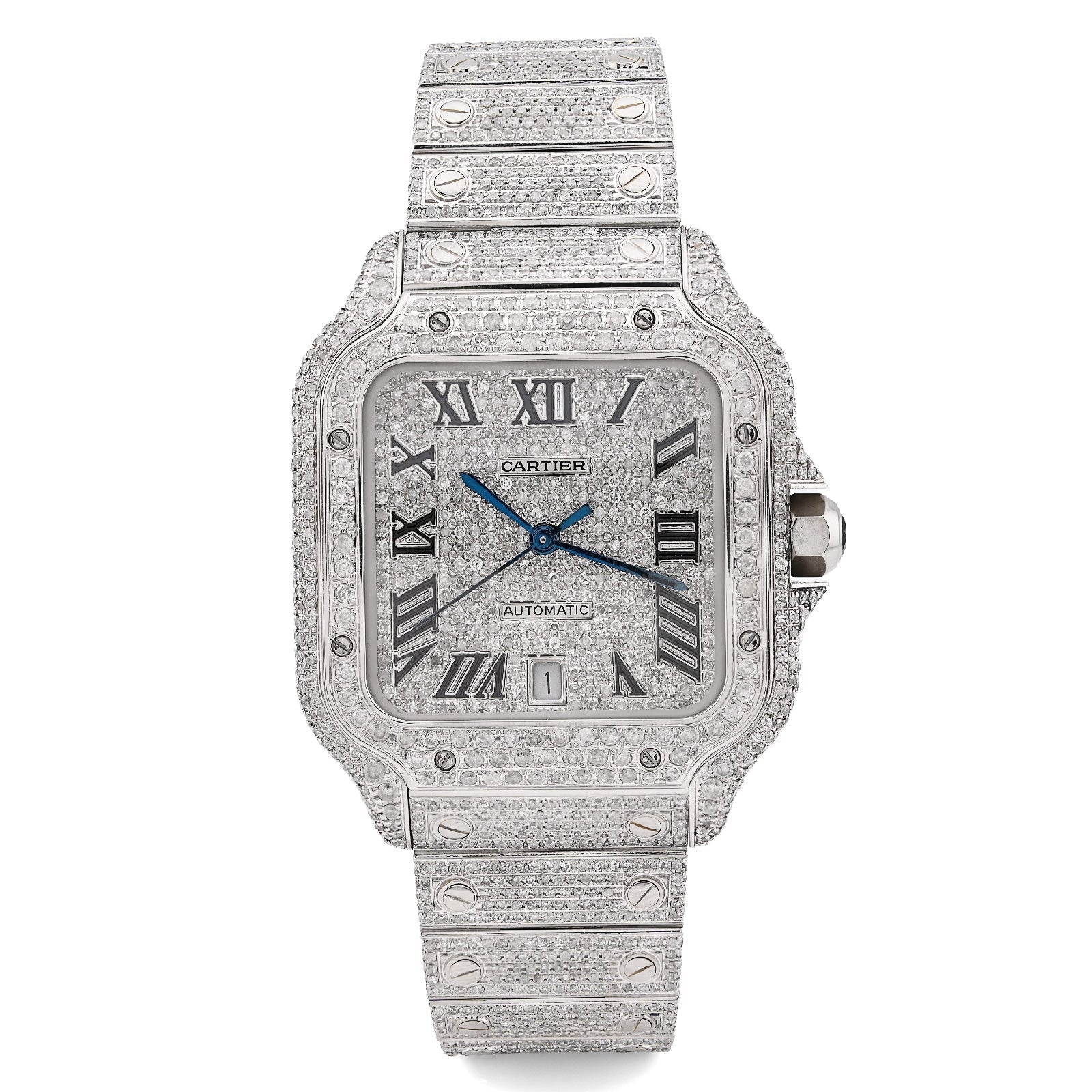 Cartier Santos 40MM 12CT Natural Diamond All White Bussdown Watch - Elite Jewelers - Luxury Watch