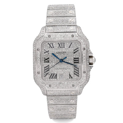 Cartier Santos 40MM 12CT Natural Diamond All White Bussdown Watch - Elite Jewelers - Luxury Watch