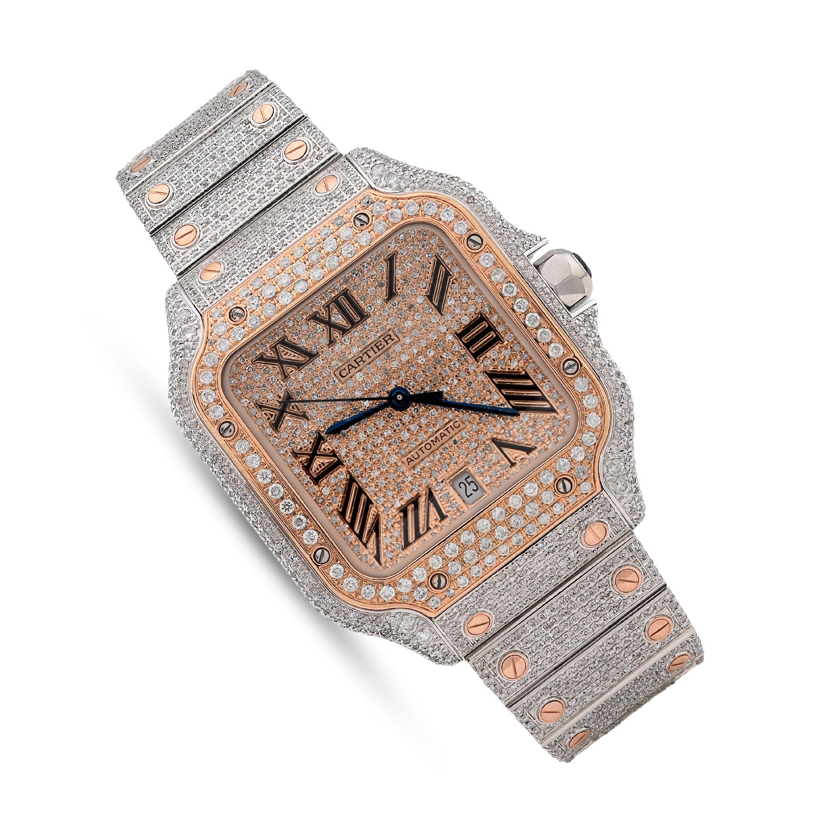 Cartier Santos 40MM 13CT Natural Diamond Rose Bezel 2 Tone Bussdown Watch - Elite Jewelers - Luxury Watch