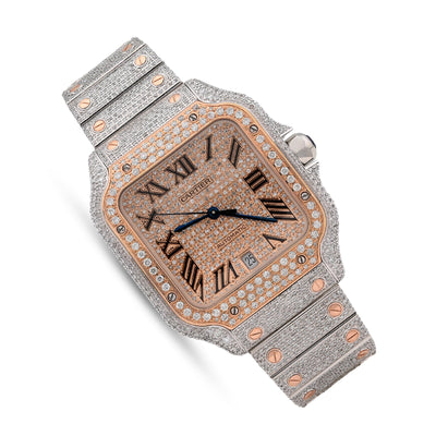 Cartier Santos 40MM 13CT Natural Diamond Rose Bezel 2 Tone Bussdown Watch - Elite Jewelers - Luxury Watch