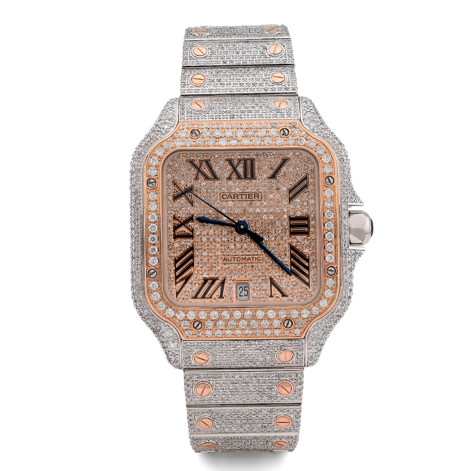 Cartier Santos 40MM 13CT Natural Diamond Rose Bezel 2 Tone Bussdown Watch - Elite Jewelers - Luxury Watch