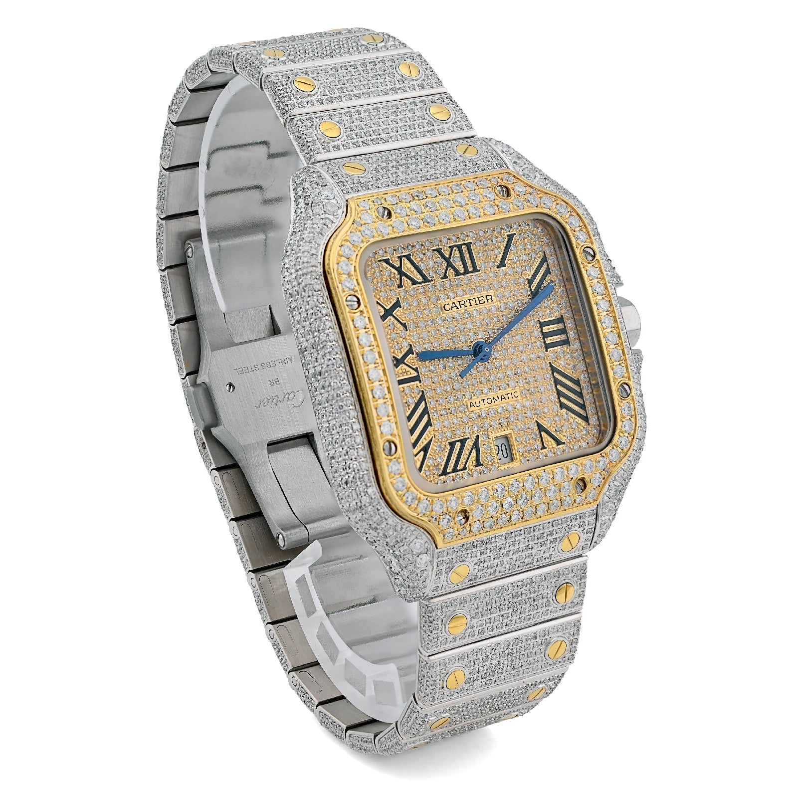Cartier Santos 40MM 13CT Natural Diamond Yellow Bezel 2 Tone Bussdown Watch - Elite Jewelers - Luxury Watch