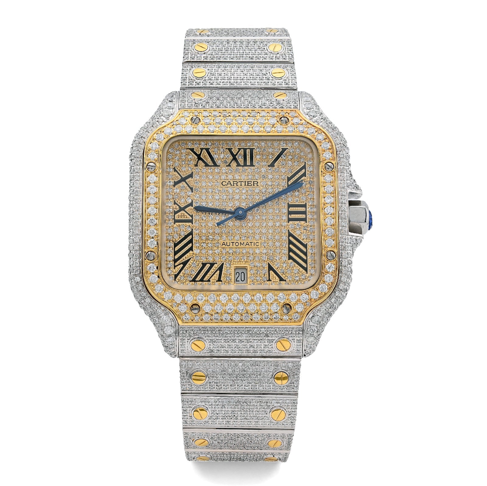 Cartier Santos 40MM 13CT Natural Diamond Yellow Bezel 2 Tone Bussdown Watch - Elite Jewelers - Luxury Watch