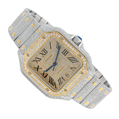 Cartier Santos 40MM 13CT Natural Diamond Yellow Bezel 2 Tone Bussdown Watch - Elite Jewelers - Luxury Watch