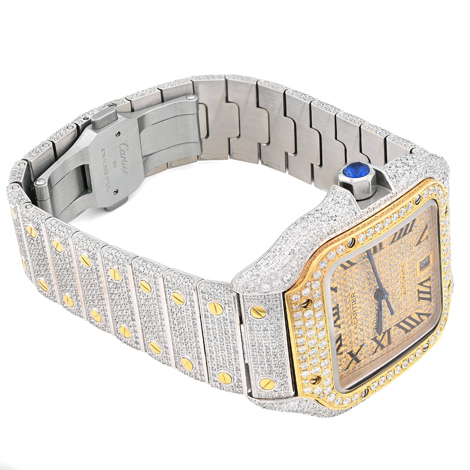Cartier Santos 40MM 13CT Natural Diamond Yellow Bezel 2 Tone Bussdown Watch - Elite Jewelers - Luxury Watch