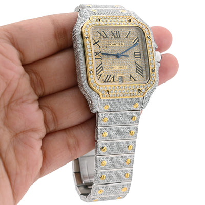 Cartier Santos 40MM 13CT Natural Diamond Yellow Bezel 2 Tone Bussdown Watch - Elite Jewelers - Luxury Watch
