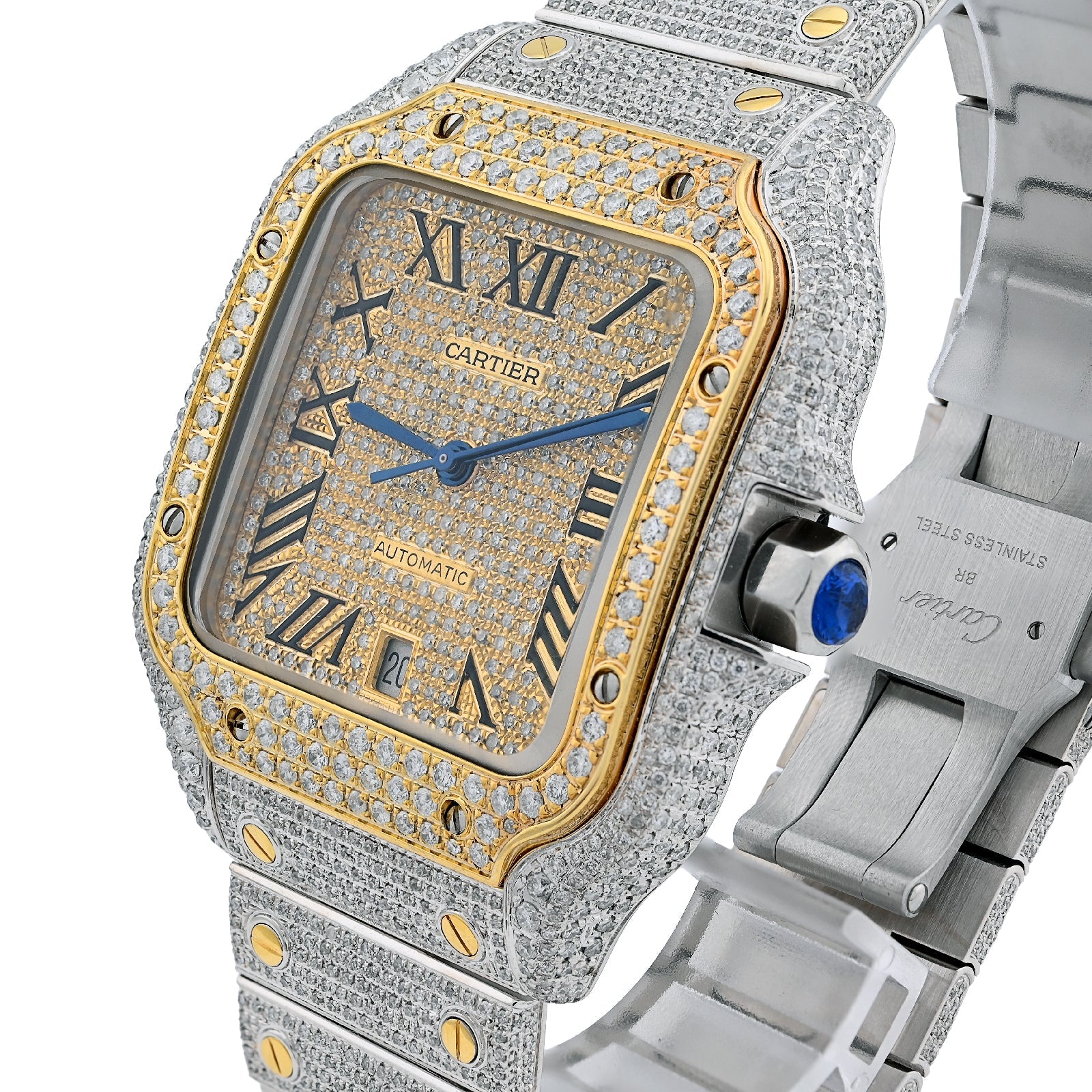Cartier Santos 40MM 13CT Natural Diamond Yellow Bezel 2 Tone Bussdown Watch - Elite Jewelers - Luxury Watch