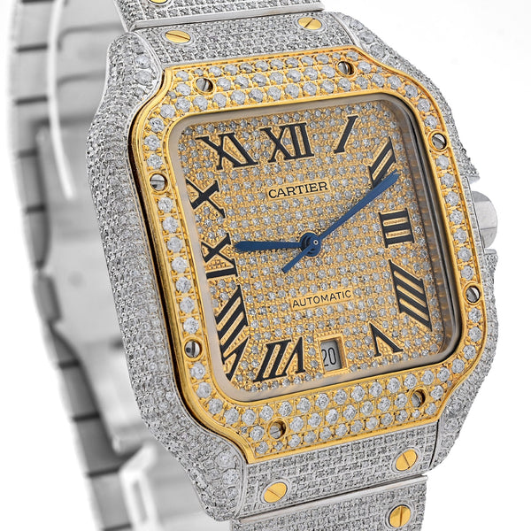 Cartier Santos 40MM 13CT Natural Diamond Yellow Bezel 2 Tone Bussdown Watch - Elite Jewelers - Luxury Watch