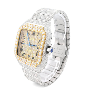 Cartier Santos 40MM 17CTW Natural Diamond Bussdown 2 - Tone Yellow Bezel Watch - Elite Jewelers - Luxury Watch