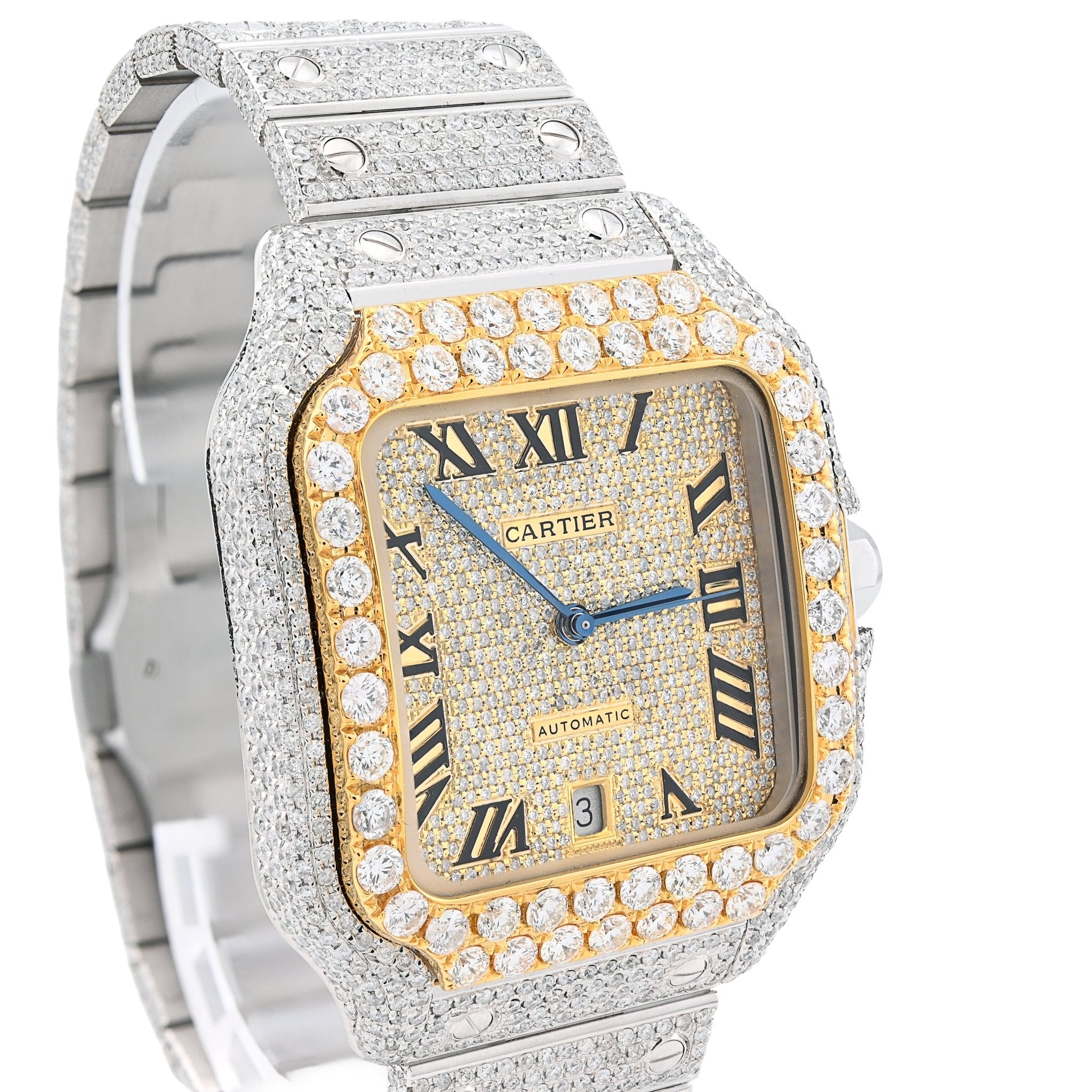 Cartier Santos 40MM 17CTW Natural Diamond Bussdown 2 - Tone Yellow Bezel Watch - Elite Jewelers - Luxury Watch
