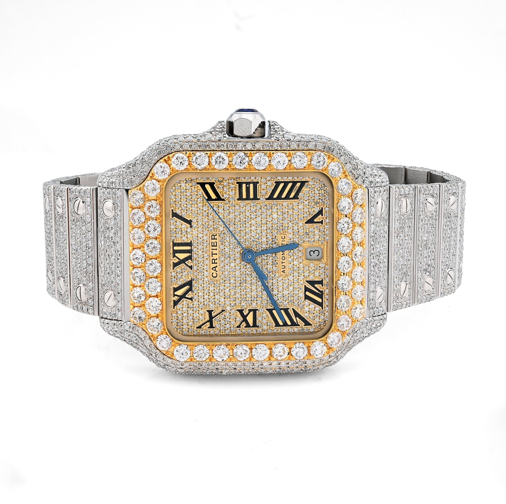 Cartier Santos 40MM 17CTW Natural Diamond Bussdown 2 - Tone Yellow Bezel Watch - Elite Jewelers - Luxury Watch