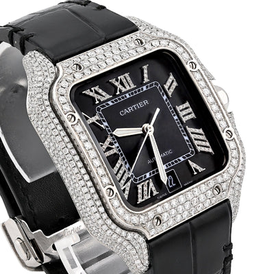 Cartier Santos 40MM 4.5CTW Natural Diamond Black Leather Strap Band Black Face Watch - Elite Jewelers - Luxury Watch
