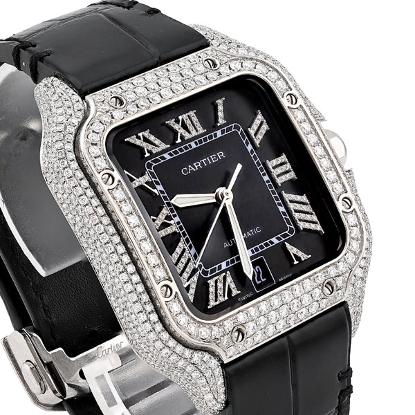 Cartier Santos 40MM 4.5CTW Natural Diamond Black Leather Strap Band Black Face Watch - Elite Jewelers - Luxury Watch