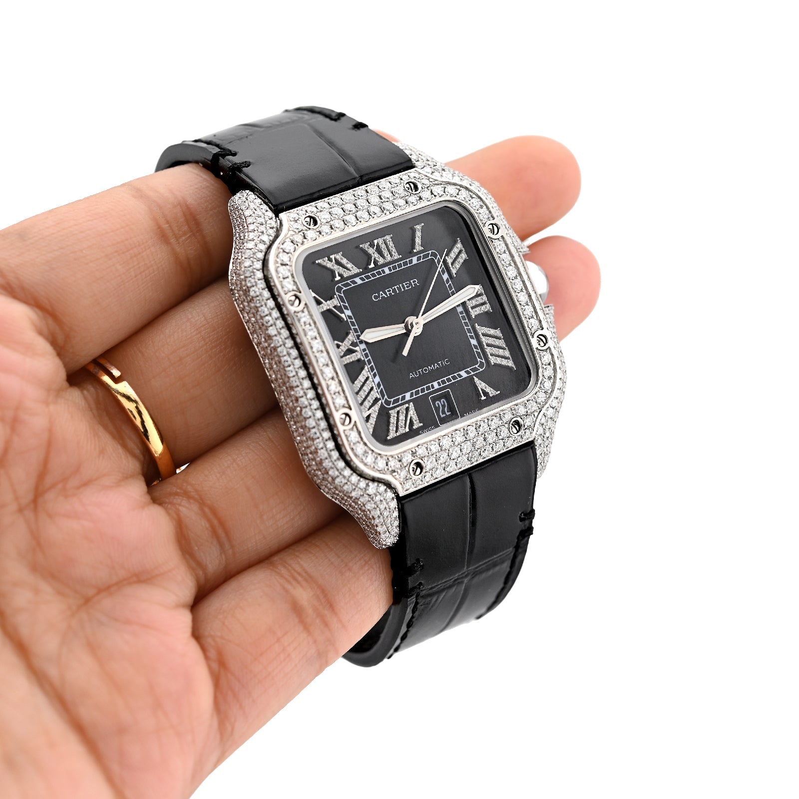 Cartier Santos 40MM 4.5CTW Natural Diamond Black Leather Strap Band Black Face Watch - Elite Jewelers - Luxury Watch