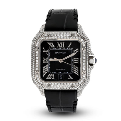Cartier Santos 40MM 4.5CTW Natural Diamond Black Leather Strap Band Black Face Watch - Elite Jewelers - Luxury Watch