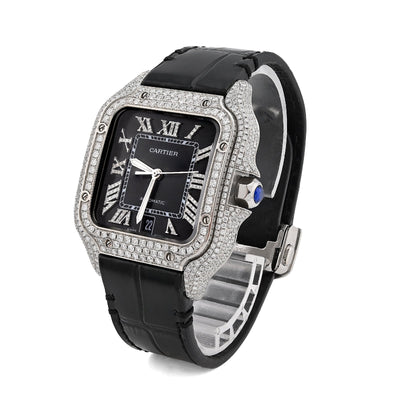 Cartier Santos 40MM 4.5CTW Natural Diamond Black Leather Strap Band Black Face Watch - Elite Jewelers - Luxury Watch