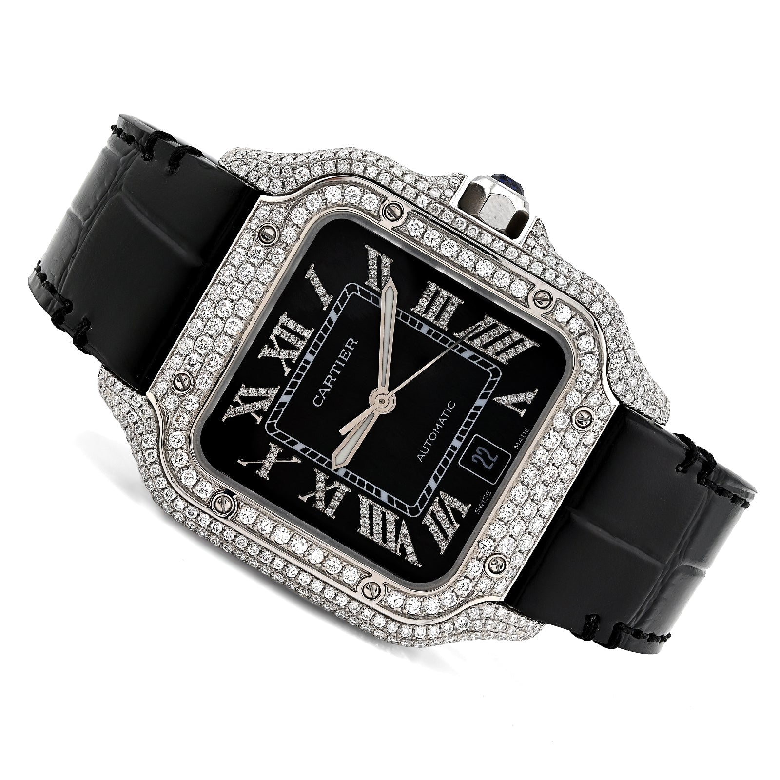 Cartier Santos 40MM 4.5CTW Natural Diamond Black Leather Strap Band Black Face Watch - Elite Jewelers - Luxury Watch