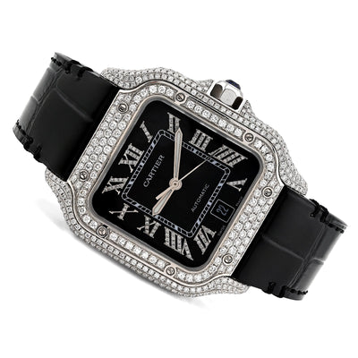 Cartier Santos 40MM 4.5CTW Natural Diamond Black Leather Strap Band Black Face Watch - Elite Jewelers - Luxury Watch