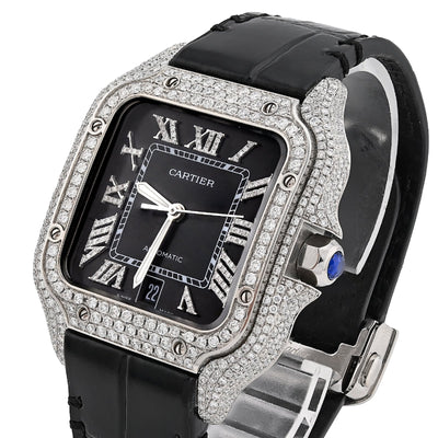 Cartier Santos 40MM 4.5CTW Natural Diamond Black Leather Strap Band Black Face Watch - Elite Jewelers - Luxury Watch