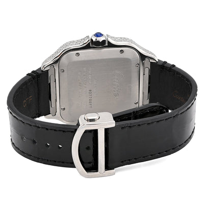 Cartier Santos 40MM 4.5CTW Natural Diamond Black Leather Strap Band Black Face Watch - Elite Jewelers - Luxury Watch