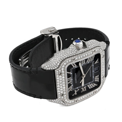 Cartier Santos 40MM 4.5CTW Natural Diamond Black Leather Strap Band Black Face Watch - Elite Jewelers - Luxury Watch