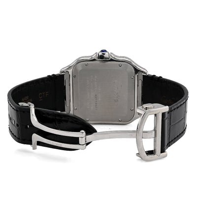 Cartier Santos 40MM 4.5CTW Natural Diamond Black Leather Strap Band Black Face Watch - Elite Jewelers - Luxury Watch