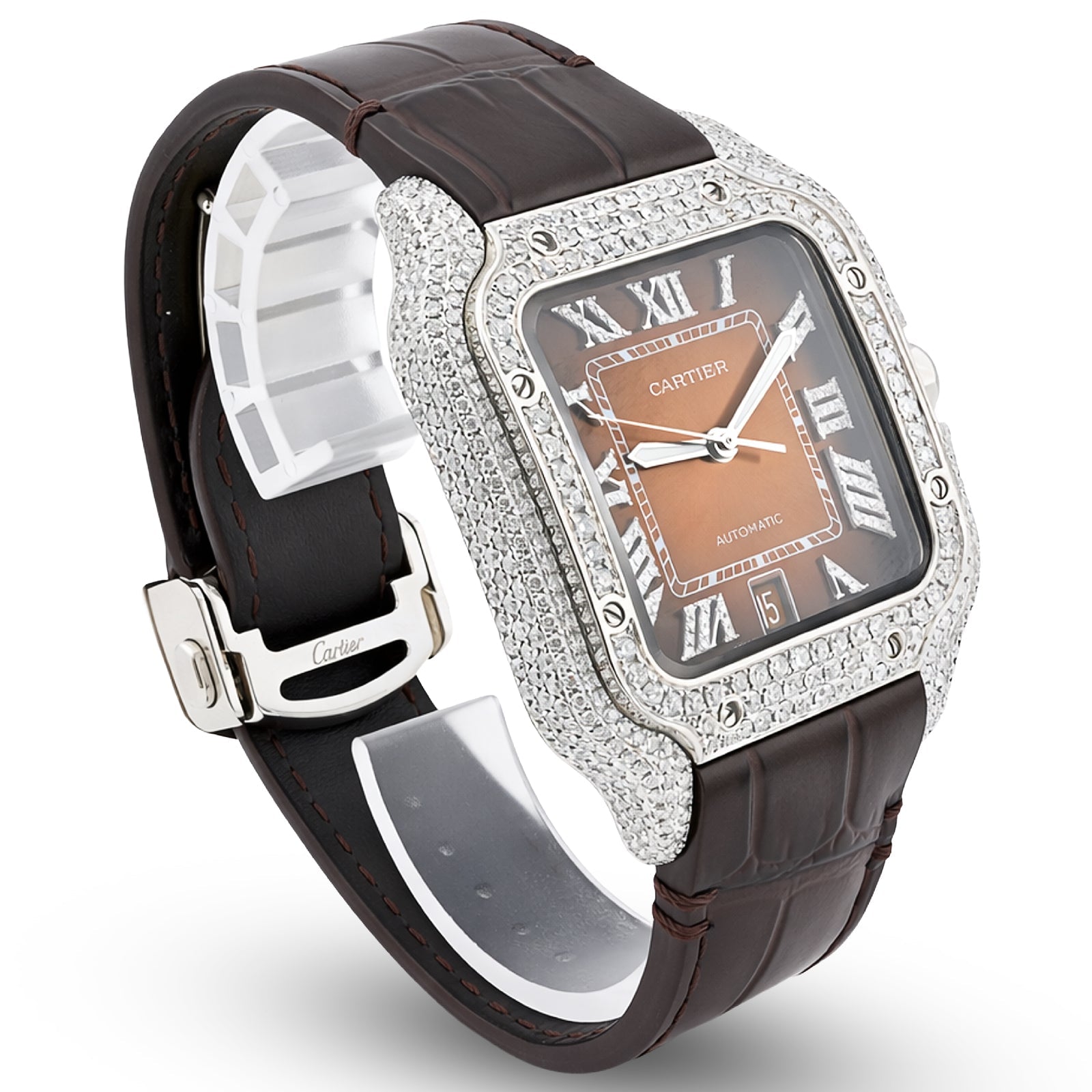 Cartier Santos 40MM 4.5CTW Natural Diamond Leather Strap Band Ombre Brown Face Watch - Elite Jewelers - Luxury Watch