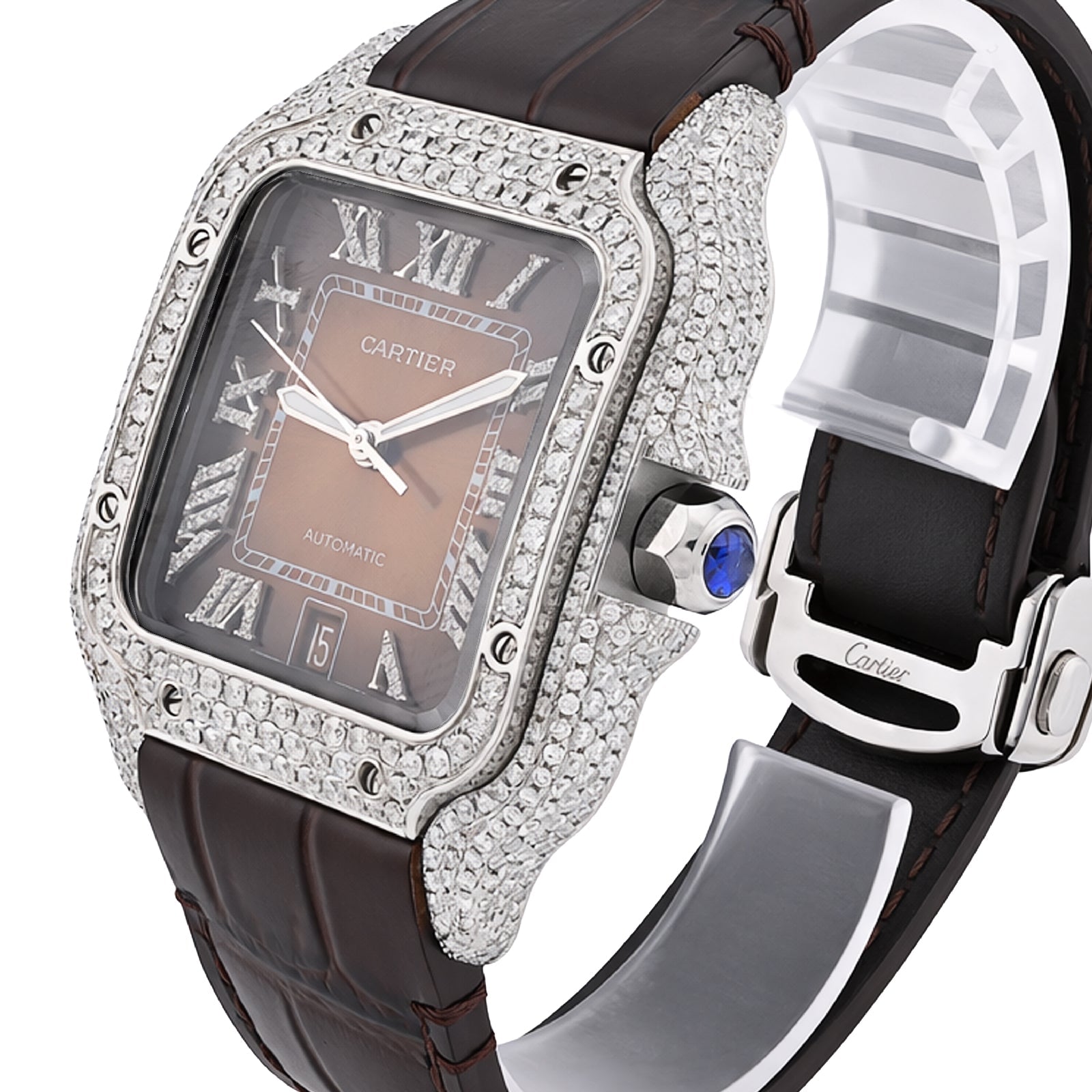 Cartier Santos 40MM 4.5CTW Natural Diamond Leather Strap Band Ombre Brown Face Watch - Elite Jewelers - Luxury Watch