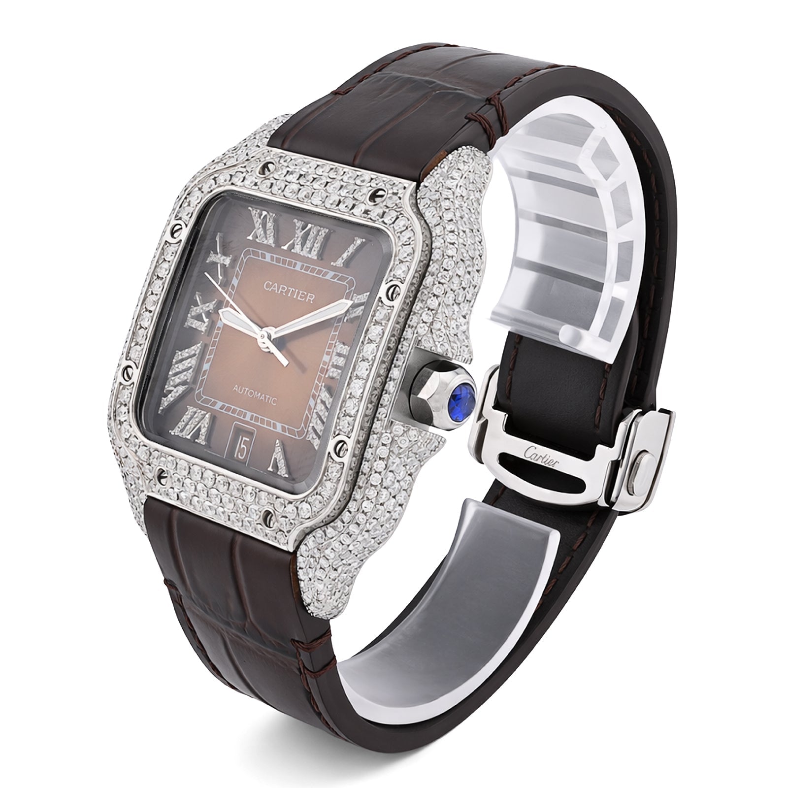 Cartier Santos 40MM 4.5CTW Natural Diamond Leather Strap Band Ombre Brown Face Watch - Elite Jewelers - Luxury Watch