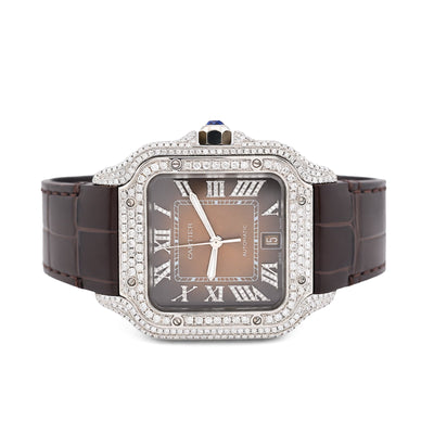 Cartier Santos 40MM 4.5CTW Natural Diamond Leather Strap Band Ombre Brown Face Watch - Elite Jewelers - Luxury Watch