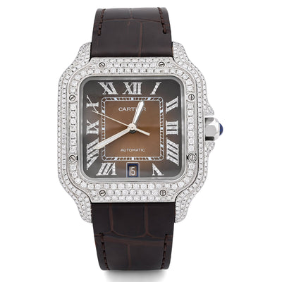 Cartier Santos 40MM 4.5CTW Natural Diamond Leather Strap Band Ombre Brown Face Watch - Elite Jewelers - Luxury Watch