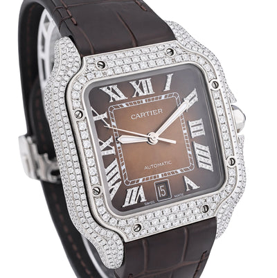 Cartier Santos 40MM 4.5CTW Natural Diamond Leather Strap Band Ombre Brown Face Watch - Elite Jewelers - Luxury Watch