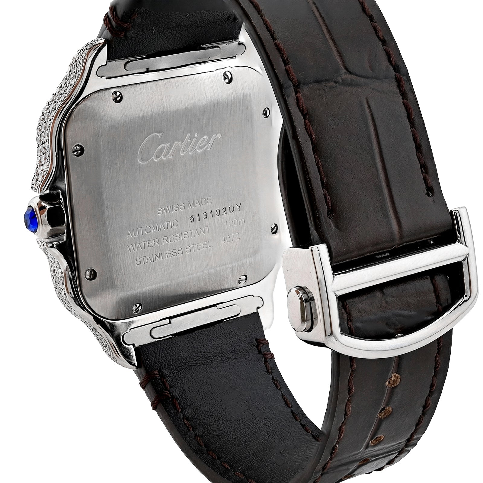 Cartier Santos 40MM 4.5CTW Natural Diamond Leather Strap Band Ombre Brown Face Watch - Elite Jewelers - Luxury Watch