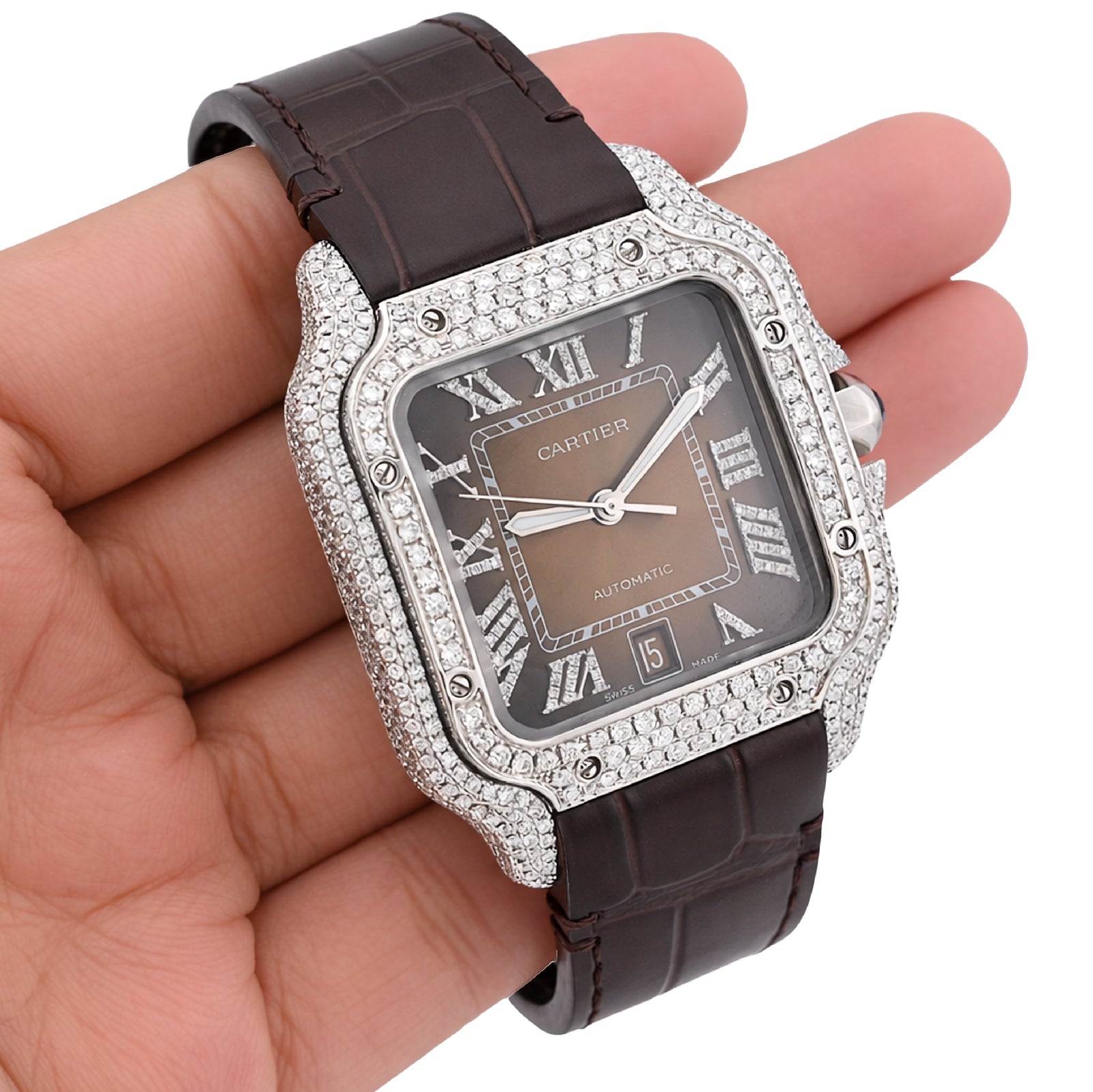 Cartier Santos 40MM 4.5CTW Natural Diamond Leather Strap Band Ombre Brown Face Watch - Elite Jewelers - Luxury Watch