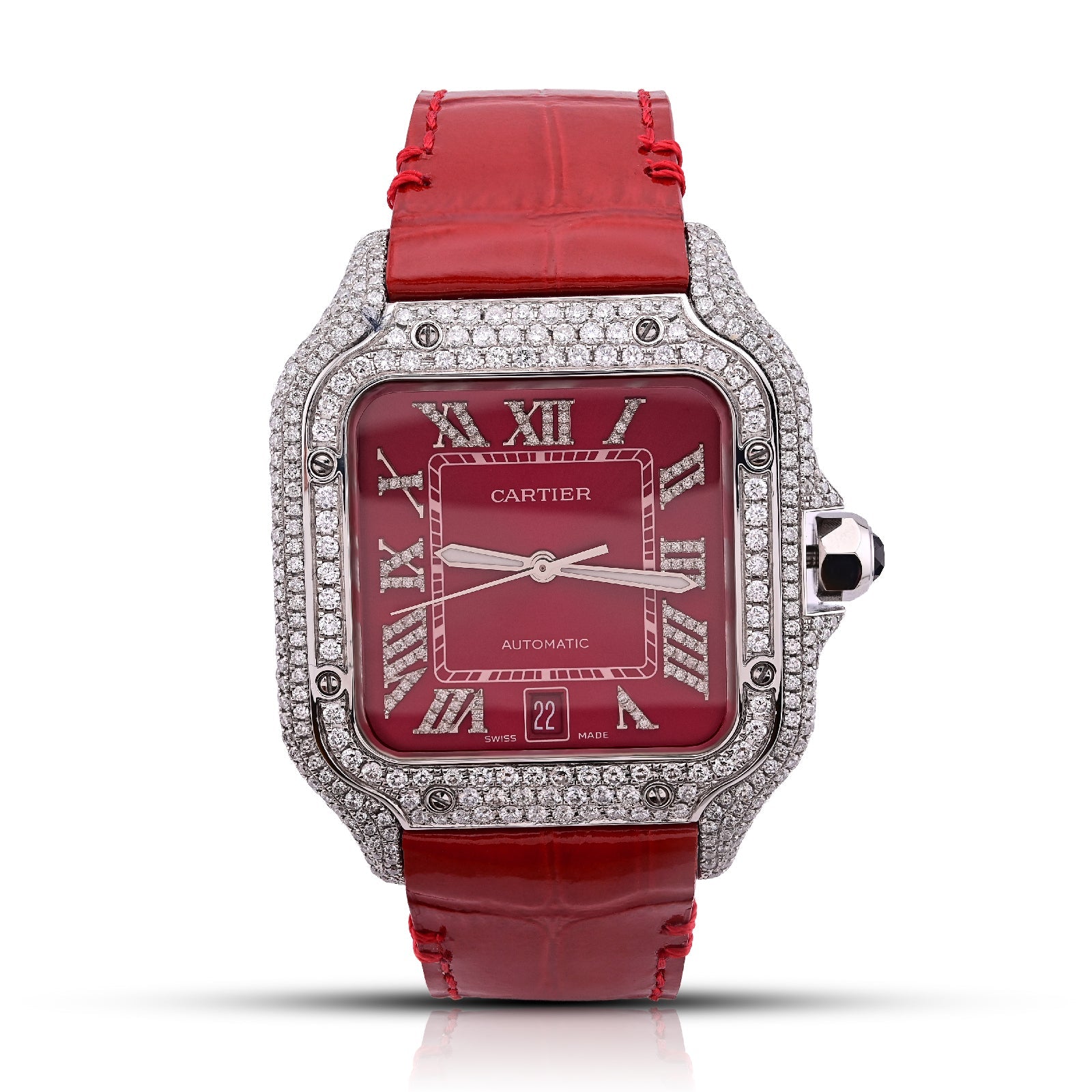 Cartier Santos 40MM Red Face and Leather Band 6CT Natural Diamond Watch - Elite Jewelers - Luxury Watch