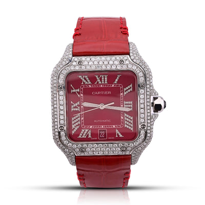 Cartier Santos 40MM Red Face and Leather Band 6CT Natural Diamond Watch - Elite Jewelers - Luxury Watch