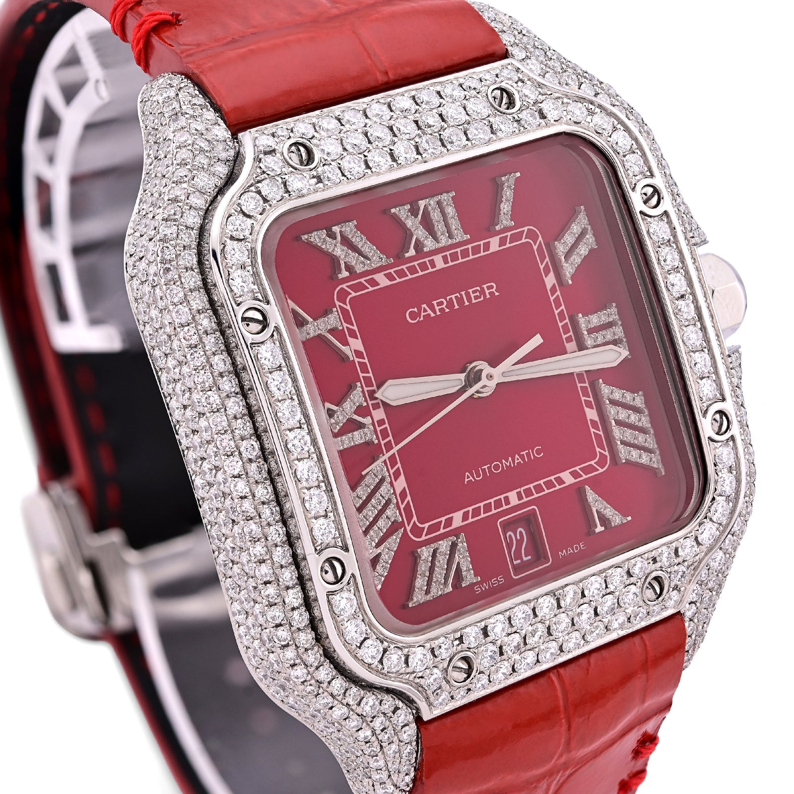Cartier Santos 40MM Red Face and Leather Band 6CT Natural Diamond Watch - Elite Jewelers - Luxury Watch