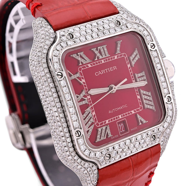 Cartier Santos 40MM Red Face and Leather Band 6CT Natural Diamond Watch - Elite Jewelers - Luxury Watch