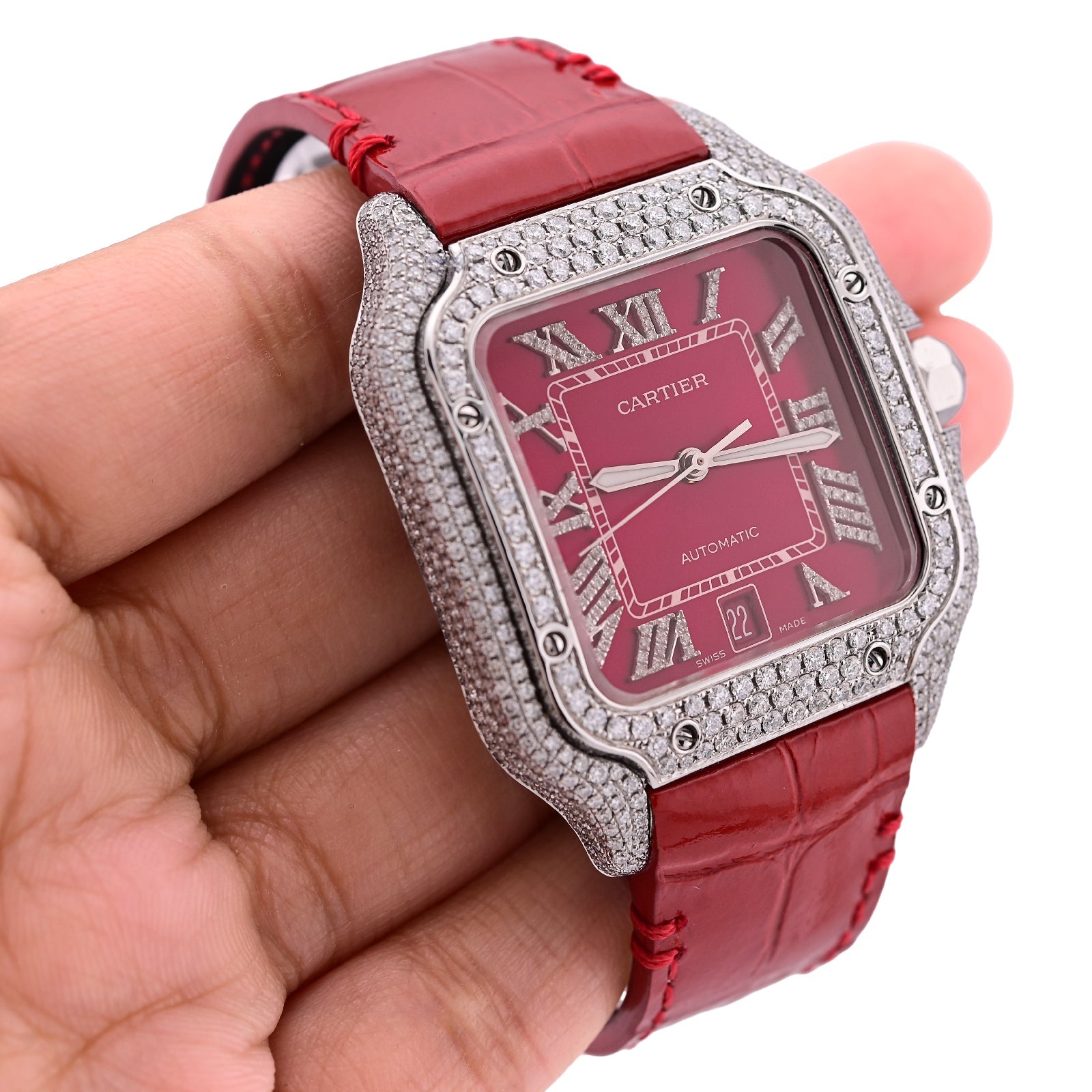 Cartier Santos 40MM Red Face and Leather Band 6CT Natural Diamond Watch - Elite Jewelers - Luxury Watch