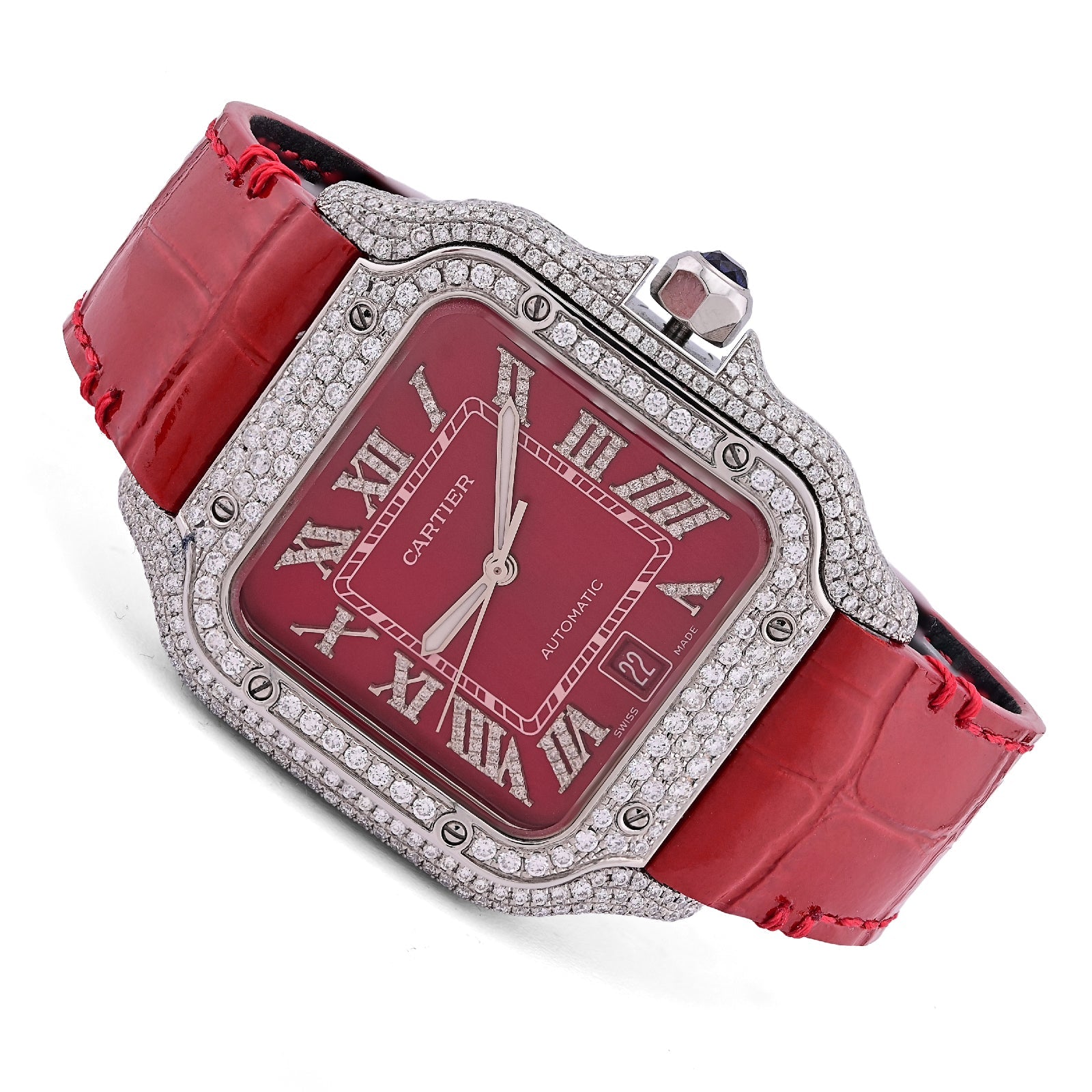 Cartier Santos 40MM Red Face and Leather Band 6CT Natural Diamond Watch - Elite Jewelers - Luxury Watch
