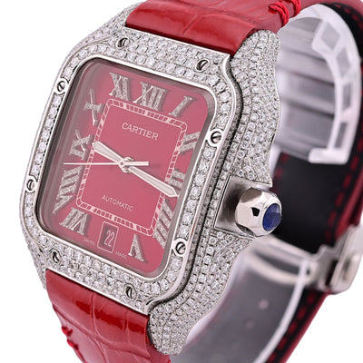 Cartier Santos 40MM Red Face and Leather Band 6CT Natural Diamond Watch - Elite Jewelers - Luxury Watch