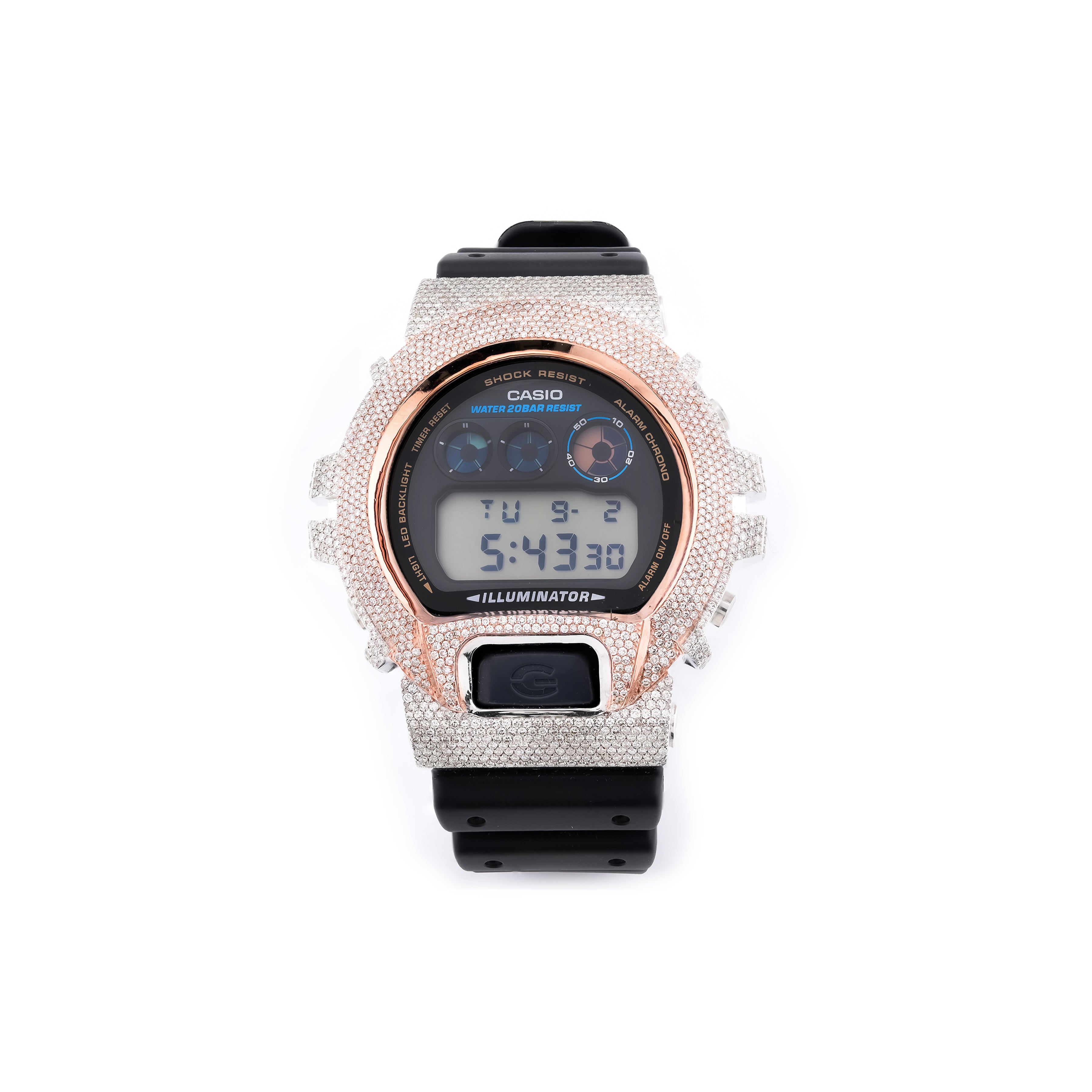 G-Shock DW6900U Diamond Iced Out Two Tone 4.60 CTW Rose Gold and White Bezel Watch