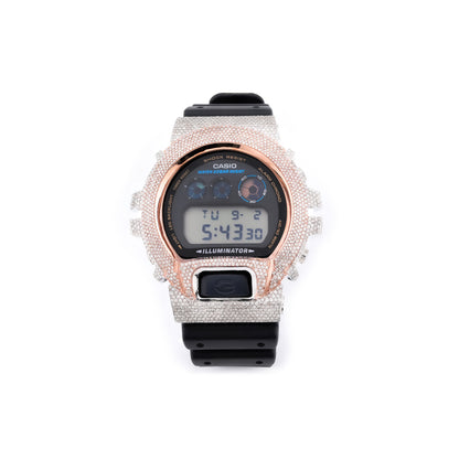 G-Shock DW6900U Diamond Iced Out Two Tone 4.60 CTW Rose Gold and White Bezel Watch