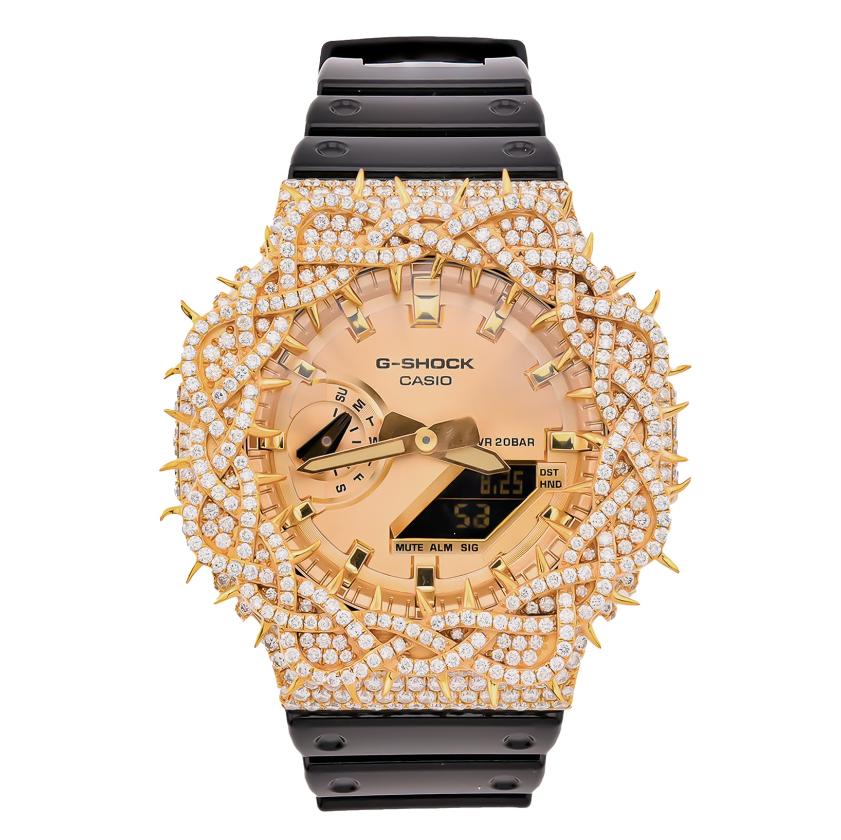 Luxury G-Shock Casio watch with gold and black design on a white background